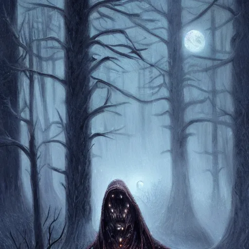 Image similar to cloaked humanoid wendigo feasting, nighttime located in a snowy dark forest, lurking horror, distant - mid shot, dungeons and dragons, magic the gathering, forboding, high detail, oil painting, style of seb mckinnon