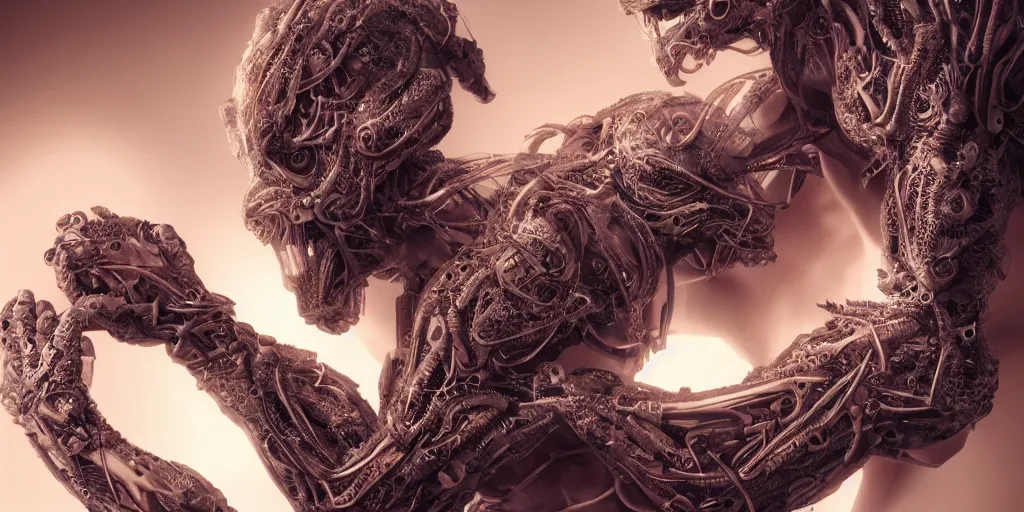 Image similar to hyper realistic photography of a stunningly beautiful cyborg male, intimately holding close, in the style of beth cavener, jin kagetsu, and wlop, highly detailed, intricate filigree, symmetry, masterpiece, award winning, sharp focus, concept art, highkey lighting, ambient lighting, octane render, 8 k, artstation