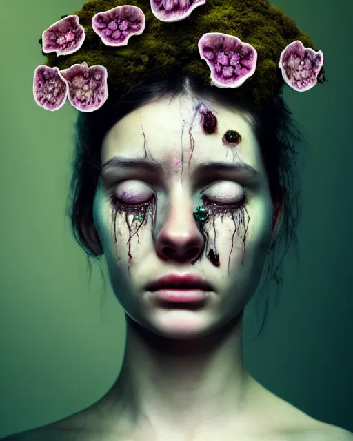 Prompt: a disturbing digital horror arthouse photograph of a beautiful crying woman with flowers moss and fungus growing out of her head and petals dripping from her eyes, intricate, sharp focus, cinematography, highly detailed, octane render, digital horror artwork, matte, photography by professional photographer