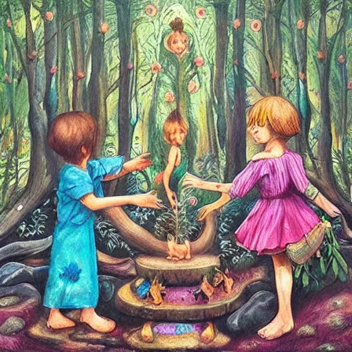 Image similar to “ childs in a magical forest making ritual, artwork, fantasy, face detailed ”