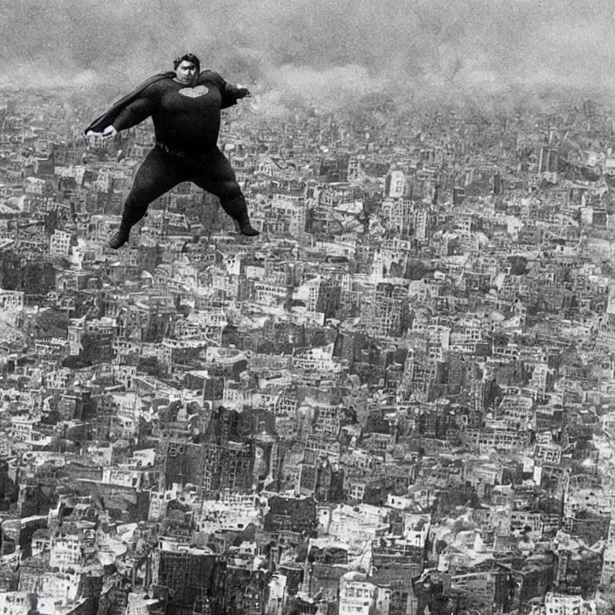 Prompt: “Fat old Superman with no hair flying over destroyed city looking exhausted and sad. Newspaper photo.”