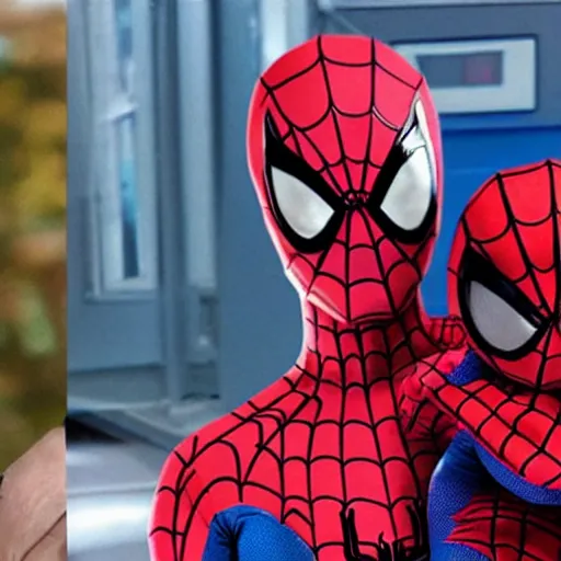 Image similar to realistic photo of spiderman holding baby wearing spiderman costumes, an film still