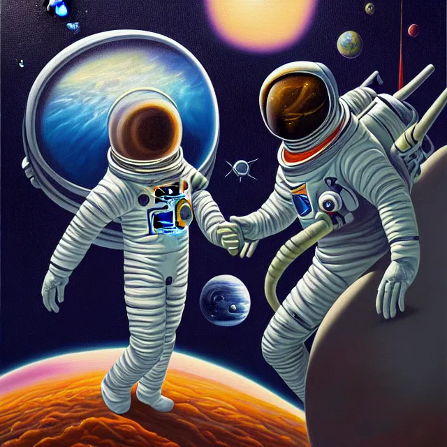 Prompt: an oil on canvas painting of an astronaut meeting an alien, polycount, surrealism, surrealist, cosmic horror, high detail