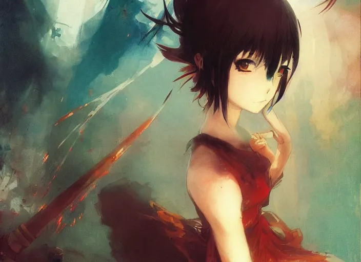 Prompt: anime girl shonen, yandere intricate, elegant, highly detailed, vivid colors, john park, frazetta, sparth, ruan jia, jeffrey catherine jones