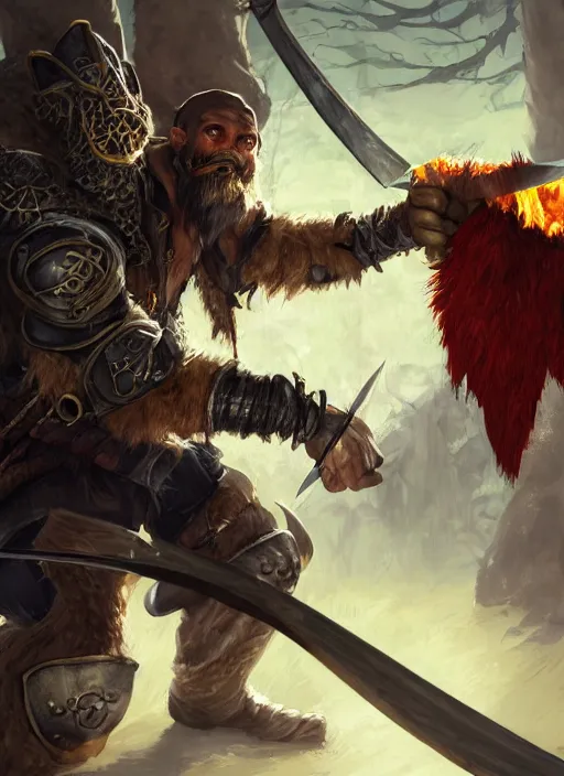 Image similar to photorealistic bugbear ranger holding sword on fire, magic, black beard, dungeons and dragons, pathfinder, roleplaying game art, hunters gear, jeweled ornate leather and steel armour, concept art, character design on white background, by sargent, norman rockwell, makoto shinkai, kim jung giu, artstation trending, poster art, colours red