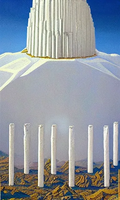 Image similar to the temple of truth is white, whole, holy and beautiful, but is surrounded by a crater of ruin and desolation. it's spire reaches up to the heavens and is topped with a gold statue. | painting by rob gonsalves. stark contrast. landscape painting. trending on artststion. matte painting. awe inspiring