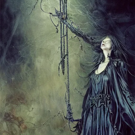 Prompt: realistic detailed image of public witch hanging Salem Witch Trials by Ayami Kojima, Amano, Karol Bak, Greg Hildebrandt, and Mark Brooks, Neo-Gothic, gothic, rich deep colors. Beksinski painting, part by Adrian Ghenie and Gerhard Richter. art by Takato Yamamoto. masterpiece