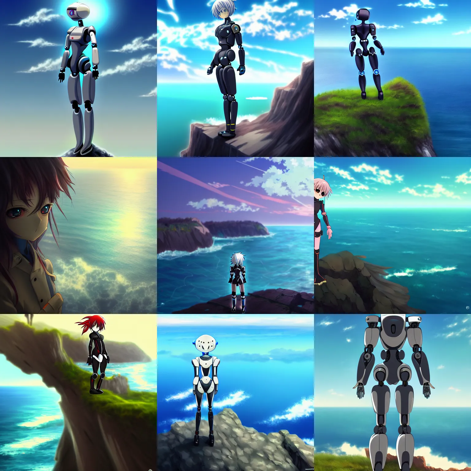 Prompt: anime!! humanoid robot, ( standing on top of a large cliff ) overlooking the sea, anime!! with an island far on the horizon, artistic, artstation