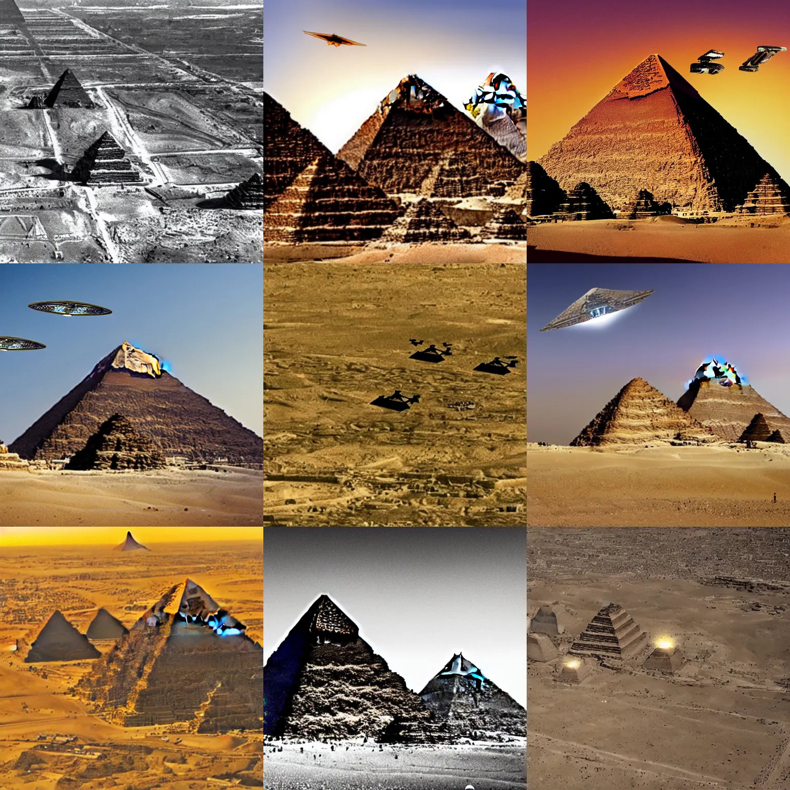 Prompt: a group of alien spacecraft flying over the pyramids