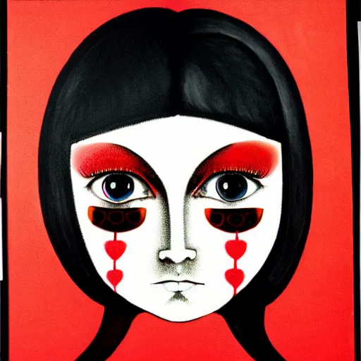 Image similar to A girl with huge red eyes, symmetrical