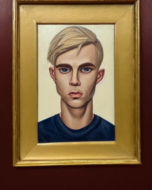 Image similar to little awkward cute blond man who is awkward and is also awkward, masculine features, cute face, thin, strong jawline, very detailed oil painting, oil on canvas