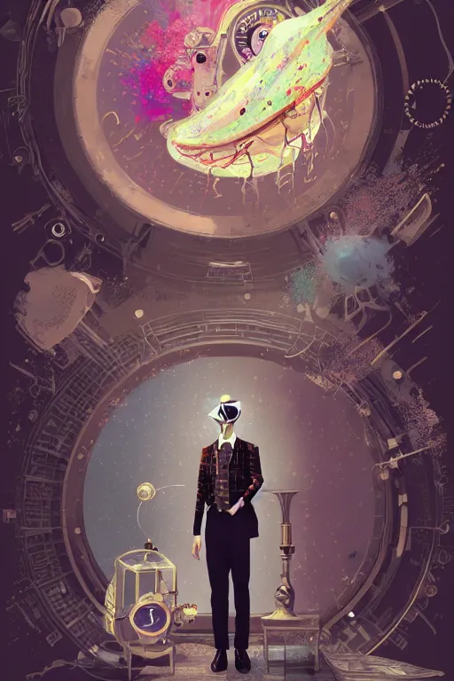 Prompt: arrogant elegant man travels through time via steampunk portals, pixiv fanbox, dramatic lighting, maximalist pastel color palette, splatter paint, pixar and disney exploded - view drawing, graphic novel by fiona staples and dustin nguyen, peter elson, alan bean, wangechi mutu, clean cel shaded vector art, trending on artstation