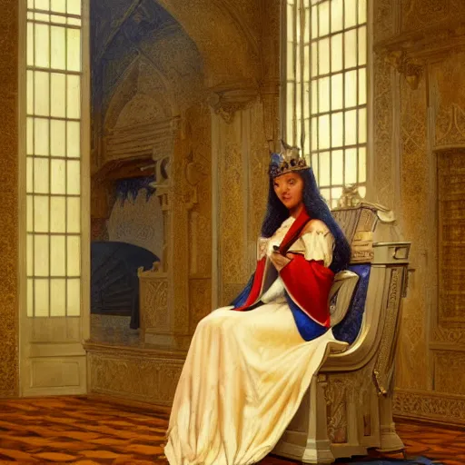 Prompt: kneeling before a proud queen, sitting in a chair while posing for a photo, medieval art, medium shot, intricate, elegant, highly detailed, digital painting, volumetric light, artstation, concept art, smooth, sharp focus, illustration, art by Gil Elvgren and Greg Rutkowski and Alphonse Mucha, 8K