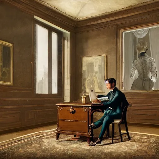 Prompt: Detailed matte painting glamour shot of a dapper male sitting at a desk with fancy meal by Karol Bak and Thomas Eakins, centered, inside interior Victorian art deco elegant dining room with large windows with view of Florence Italy by Lee Madgwick and Canaletto, by Beeple, unreal engine, trending on artstation behance 500px, Victorian, Calvin Coolidge, Famous artwork by Van Gogh hanging on walls, volumetric lighting, cinematic lighting, realistic lighting, detailed lighting, 4k hd wallpaper