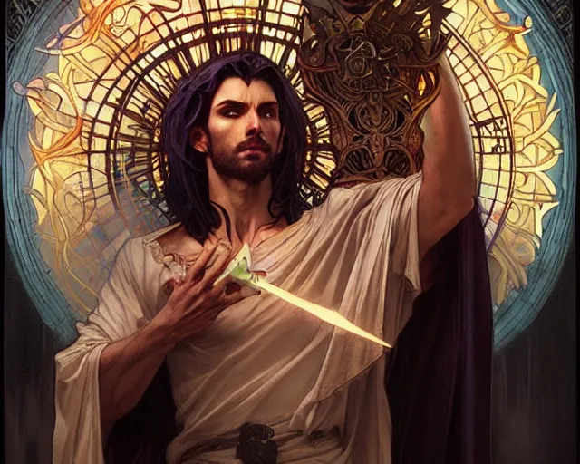 Image similar to attractive male deity, casting dark magic, summoning handsome lucifer morningstar, highly detailed painting by artgerm and greg rutkowski and alphonse mucha