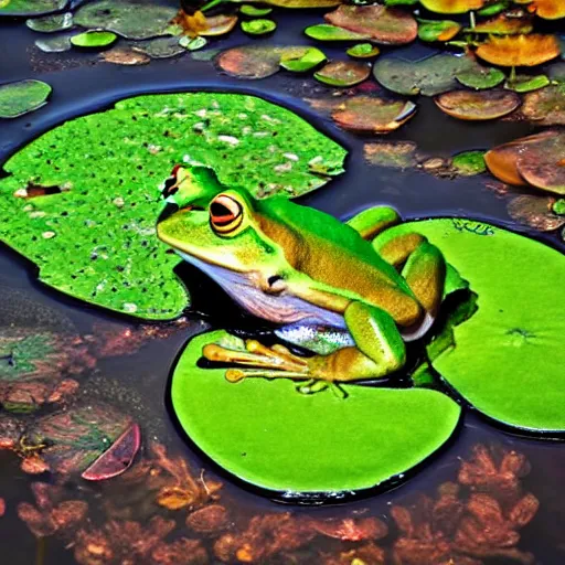 Prompt: A frog sitting on a lily pad in a pond. The pond is full of lotus flowers and the frog is surrounded by them. The frog is looking up at the sky and the sun is shining down on it.