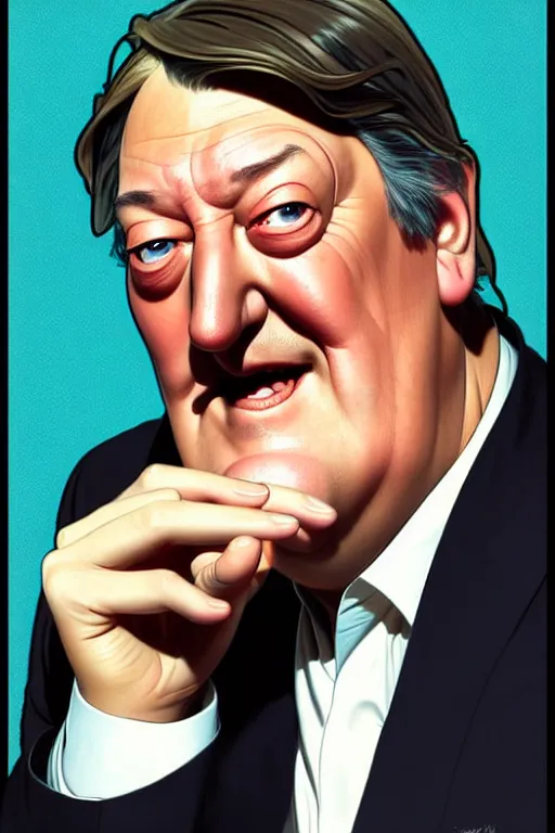 Image similar to stephen fry winking his left eye at the camera, in the style of art by artgerm and greg rutkowski and alphonse mucha