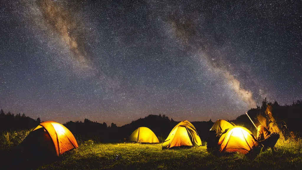 Prompt: camping out in the middle of nature, tents in the background, starry sky, night time, dark, milky way, campfire, highly detailed, 4 k