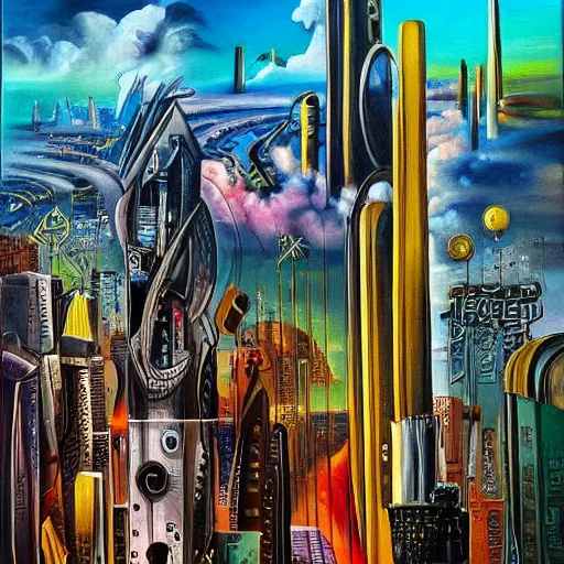 Prompt: a painting of cyberpunk city, salvador dali style