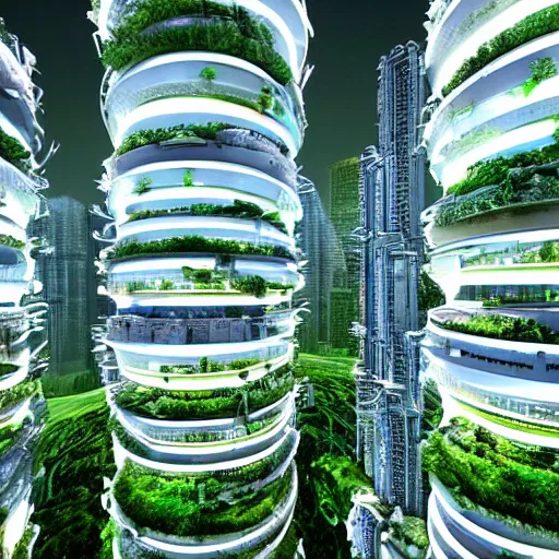 Prompt: a futuristic city scape of vertical organic farms, breeding, growing, cellular structures