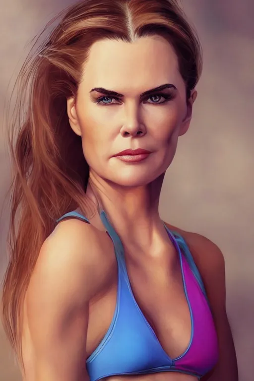 Image similar to portrait of a mix of beautiful young maria shriver, mariel hemmingway, brooke shields, nicole kidman and elle macpherson as an exercise gym girl, thin lips, hair tied up in a pony tail, colorful artstation, cgsociety