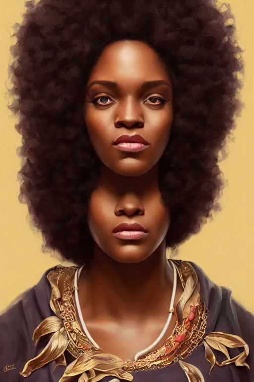 Prompt: Queen of england as a melanated black woman with an afro, highly detailed, digital painting, artstation, concept art, smooth, sharp focus, illustration, art by artgerm and greg rutkowski and alphonse mucha