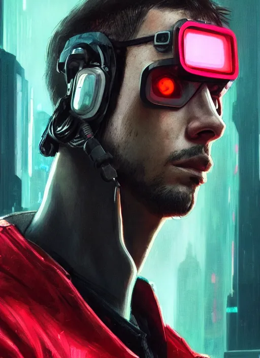 Image similar to cyberpunk character wearing jumpsuit and red jacket and cyberpunk headset. ( blade runner 2 0 4 9, dystopian, cyberpunk 2 0 7 7 character design ). attractive face. portrait by james gurney and laurie greasley, oil on canvas. cinematic, hyper realism, realistic proportions, full view, dramatic lighting, high detail 4 k