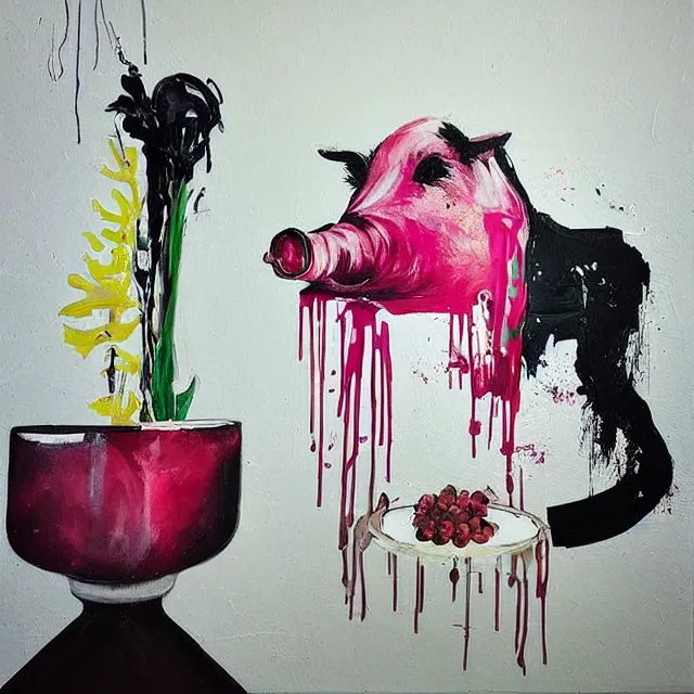 Image similar to “ a portrait in a female art student ’ s apartment, sensual, a pig theme, art supplies, paint tubes, ikebana, herbs, a candle dripping white wax, black walls, squashed berries, berry juice drips, acrylic and spray paint and oilstick on canvas, surrealism, neoexpressionism ”