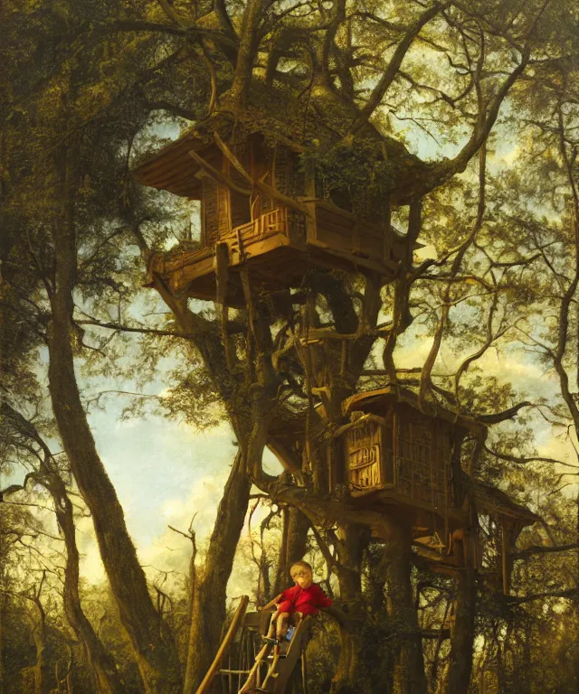 Image similar to masterful oil on canvas painting, eye - level view, shot from 5 0 feet distance, of a kid playing in a treehouse. in the background is a whimsical sparse forest. by ambrosius benson and gerald brom. golden hour, detailed, depth, volume, chiaroscuro, quiet intensity, vivid color palette.