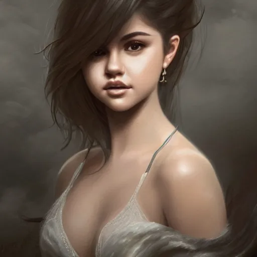 Prompt: portrait selena gomez, white horse, roses, dreamy, fantasy, pain, intricate, elegant, highly detailed, digital painting, artstation, concept art, matte, sharp focus, illustration, octane render, unreal engine, art by aenaluck and roberto ferri and greg rutkowski, epic fantasy, digital painting