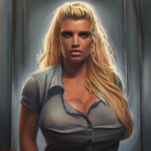 Prompt: jessica simpson as a cop, portrait face and bust in view, haunted house interior, pretty, aesthetic, matte detailed photo, DeviantArt, Artstation, by donato giancola, ralph horley, loish, cinematic lighting