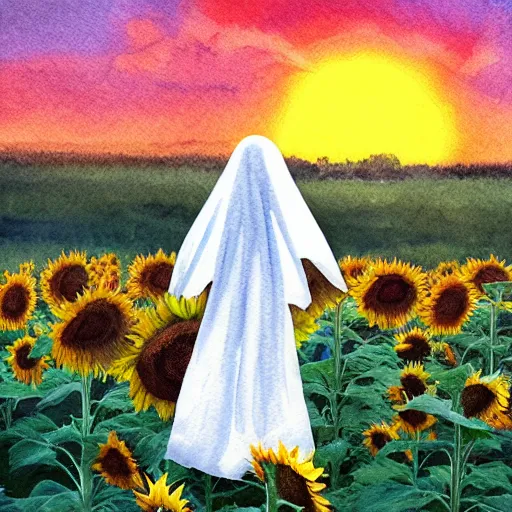 Image similar to Bedsheet Ghost in a field of sunflowers, sunset, Watercolor, photorealistic, high resolution, award winning, trending on artstation