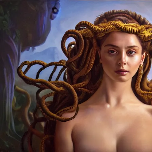 Image similar to Head and shoulders masterpiece portrait of the beautiful goddess Lana Rhoades as Medusa the greek goddess, she is looking straight to the camera, she has a glow coming from her, she is getting illuminated for rays of light, behind is a scary atmosphere, she is posing, the photo was taking by Annie Leibovitz, matte painting, oil painting, naturalism, 4k, 8k