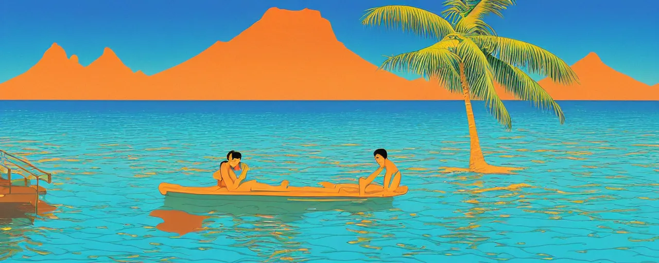 Image similar to serene bora bora landscape, disney, hiroshi nagai