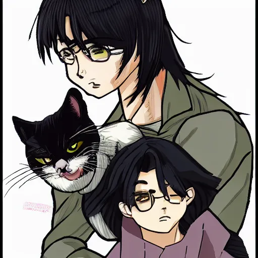 Image similar to grumpy anime boy with black hair glares at tabby cat perched on his shoulder, highly detailed, high definition, anime style
