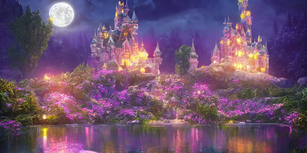 Image similar to a single glittering fairy castle at night, a full moon, water and colourful flowers, extremely detailed oil painting, unreal 5 render, fantasy digital art, octane render, beautiful composition, trending on artstation, award-winning photograph, masterpiece