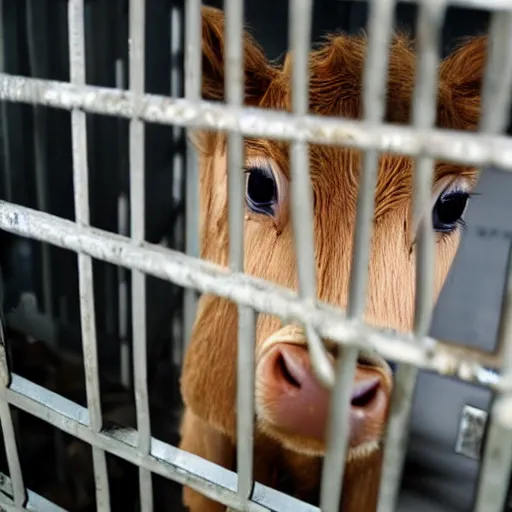 Image similar to cute calf with big eyes dressed as an inmate inside a jailcell