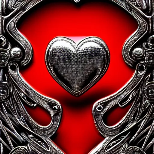 Image similar to a chrome carved heart, highly detailed, red atmosphere, intricate artwork, graphic style of Patrick Gleason very coherent symmetrical artwork, depth of field, bokeh