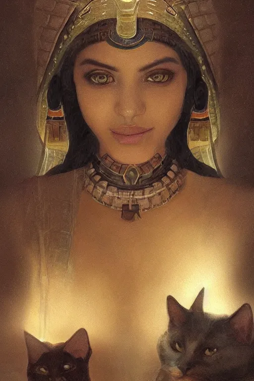 Image similar to portrait of the beautiful egyptian goddess, bastet, bast, woman / cat hybrid, soft torchlight in an egyptian tomb, digital art by ruan jia and mandy jurgens and artgerm and william - adolphe bouguereau, highly detailed, trending on artstation, award winning,