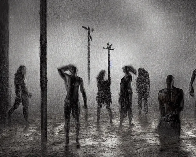 Prompt: gods of mud and clay emerge during a midnight rainstorm. realistic style, motion blur, ominous, disturbing.