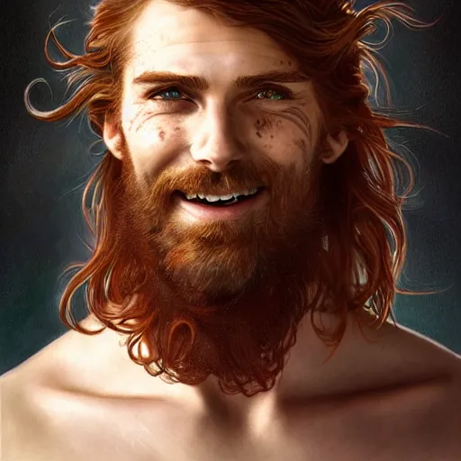 Prompt: portrait of a young ruggedly handsome but joyful pirate, soft freckles, male, masculine, upper body, red crimson hair, long long flowing hair, fantasy, proud smirk, intricate, elegant, highly detailed, digital painting, artstation, concept art, matte, sharp focus, illustration, art by artgerm and greg rutkowski and alphonse mucha