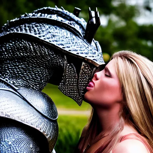 Image similar to a masculine male knight kissing a dragon.