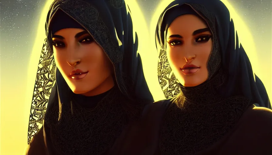 Prompt: Portrait of very very very very very very beautiful Arab woman wearing a Niqab, glowing magical eyes, energy trails, under giant full moon in the desert at night, intricate, elegant, highly detailed, digital painting, artstation, concept art, smooth, sharp focus, illustration, art by artgerm and greg rutkowski and alphonse mucha