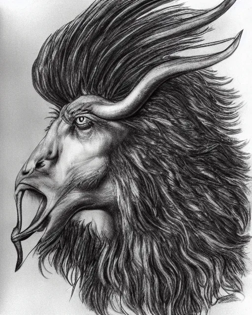 Image similar to human / eagle / lion / ox hybrid with two horns, one beak, mane and human body. drawn