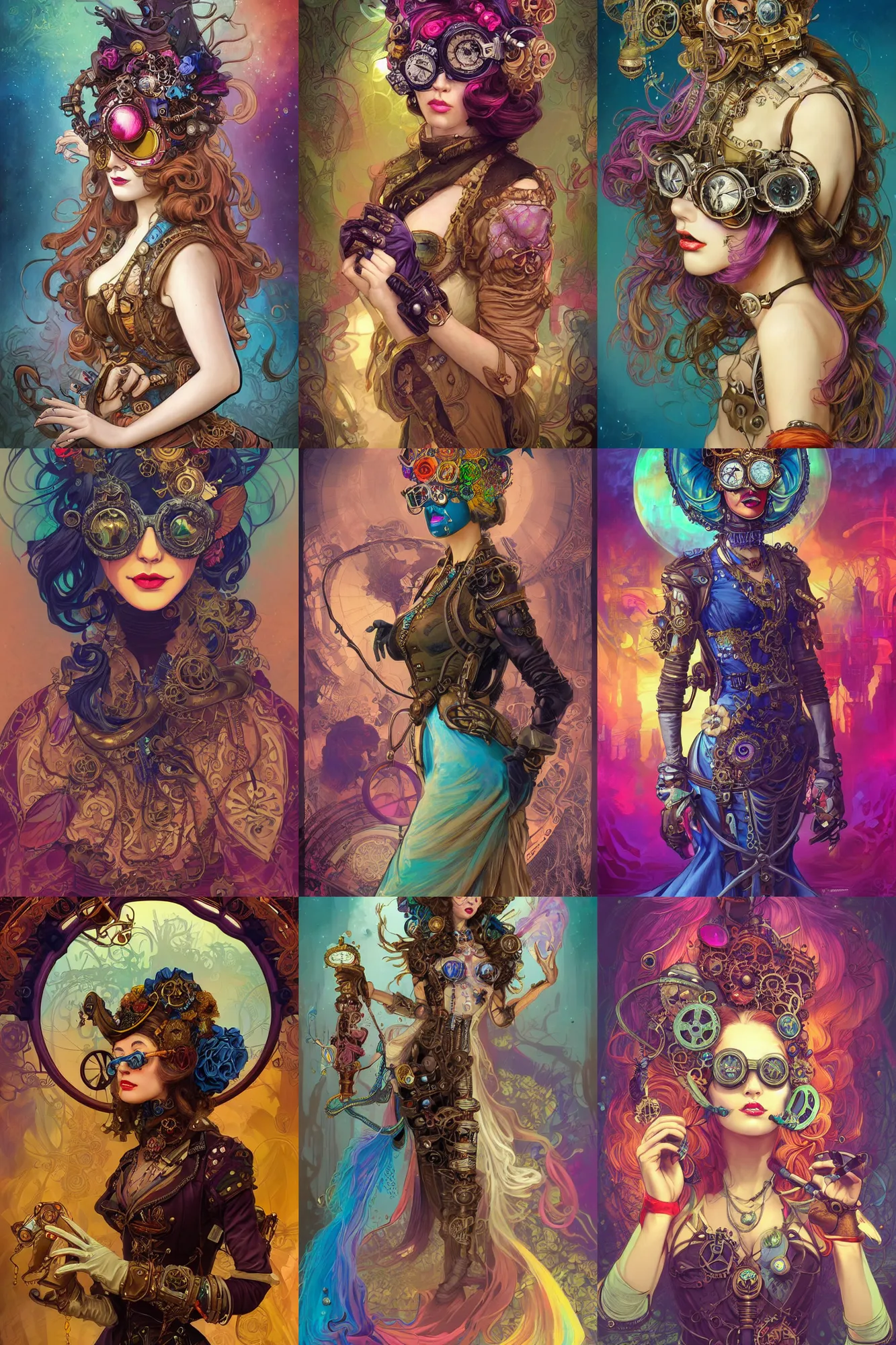 Prompt: beautiful woman, steampunk, machine gloves, venetian mask, goggles on the head, character concept, long hair, many colors, colorful, all colors, highly saturated colors, Dan Mumford, Peter Mohrbacher, Alfons Mucha, fantasy character, detailed illustration, hd, 4k, digital art, overdetailed art, concept art, trending on artstation