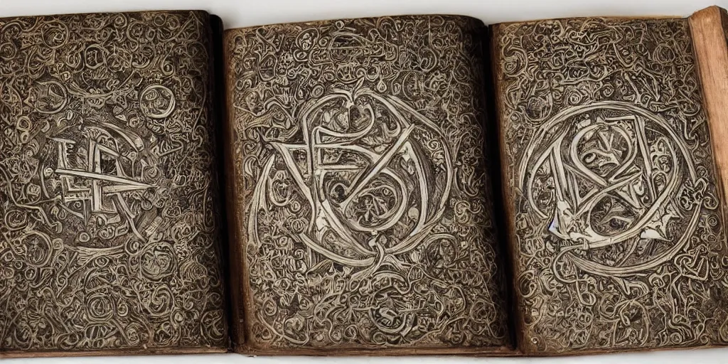 Prompt: a very detailed book of spells with ornate cryptic symbols drawn on the pages