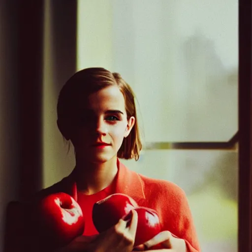 Prompt: Photograph of Emma Watson holding a red apple by the window. Golden hour, dramatic lighting. Medium shot. CineStill
