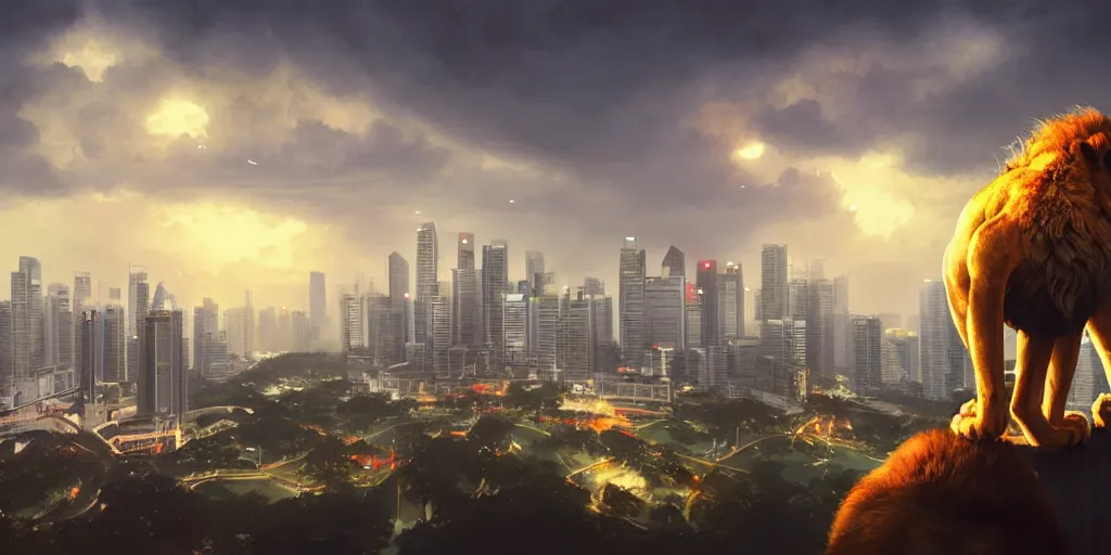 Image similar to Singapore city with a lion-shaped cloud in the sky, by greg rutkowski, red and white lighting, digital art, ultra realistic, ultra detailed, photorealistic, 4k, character concept