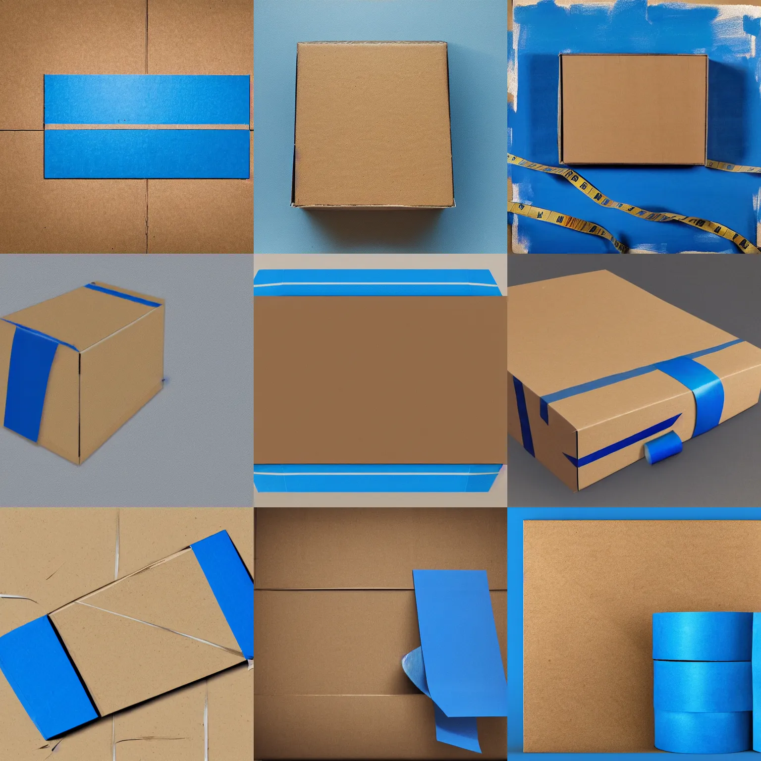 Prompt: an empty cardboard with blue tape across it. photorealism, extreme detail, hd, desaturated, still life