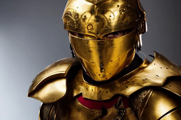 Prompt: a cinematic studio headshot portrait of a middle aged asian man wearing gold plated armour, no helmet, orange color theme, dramatic lighting, back light, hair light, rim light, 4 k, ultra realistic, by annie leibovitz